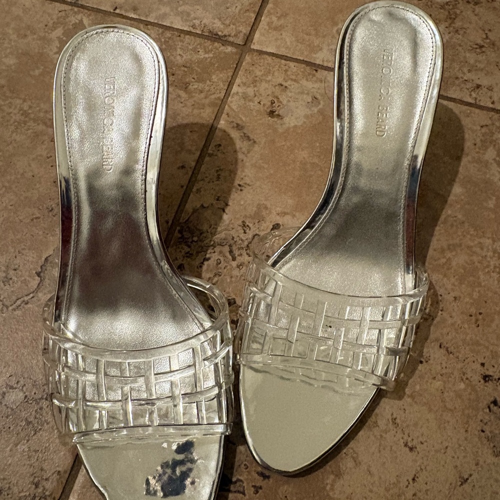 Veronica Beard Metallic Silver Slide Sandals with Clear Woven Upper
